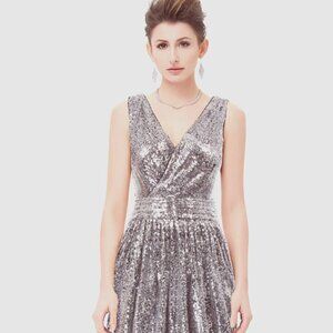 Kate Kasin SZ14 Silver Sequin Grecian Cut Cocktail Dress Prom Formal Wedding